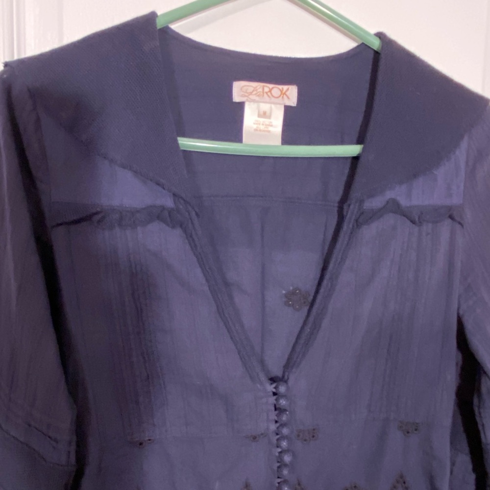 Y2K LaROK Embroidered Eyelet Bell Sleeve Ruffle Trim Scalloped Hem Top Navy M - Picture 5 of 8